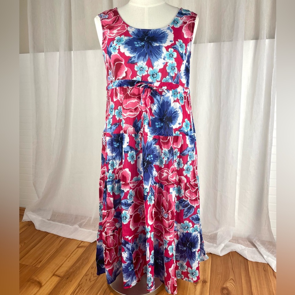 CW Classics Empire Waist Sleeveless Tiered Midi Dress Floral Cotton Large 12 14